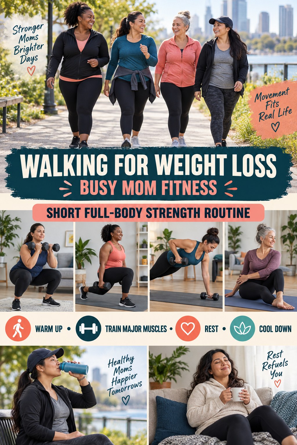 Walking for Weight Loss busy-mom fitness graphic titled Short Full-Body Strength Routine with four practical movement prompts.