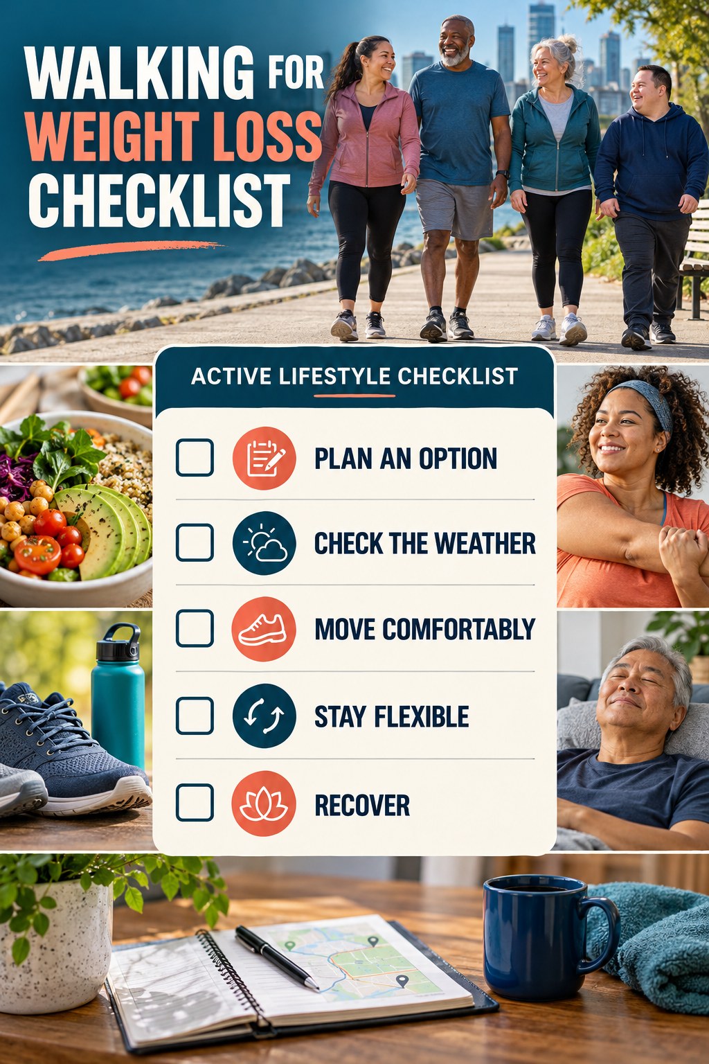 Walking for Weight Loss checklist graphic titled Active Lifestyle Checklist with five clear practical wellness items.
