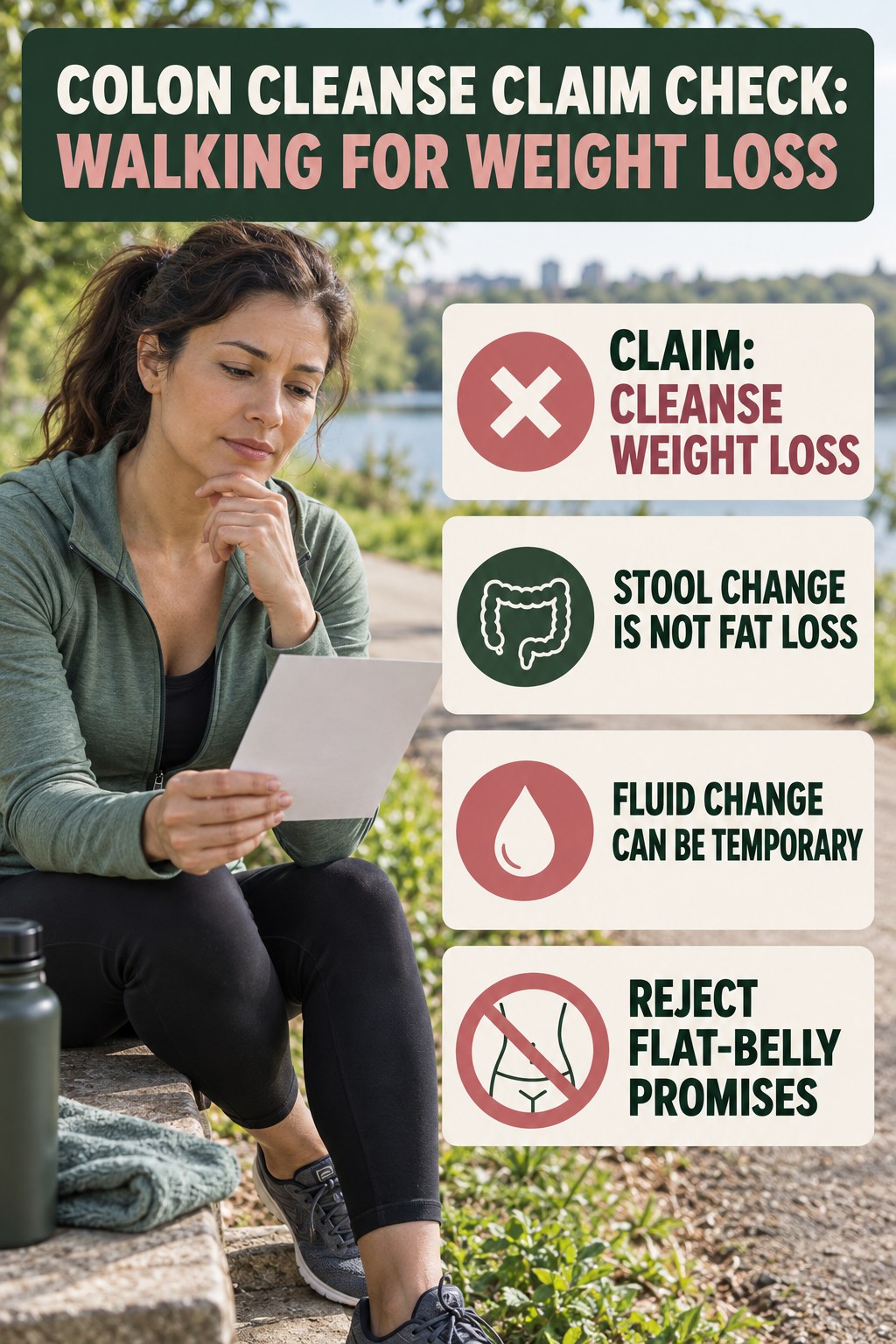 Weight-Loss and Flat-Belly Claims infographic for Walking for Weight Loss, separating a colon-cleanse marketing claim from evidence, reasonable conclusions, and safety context.