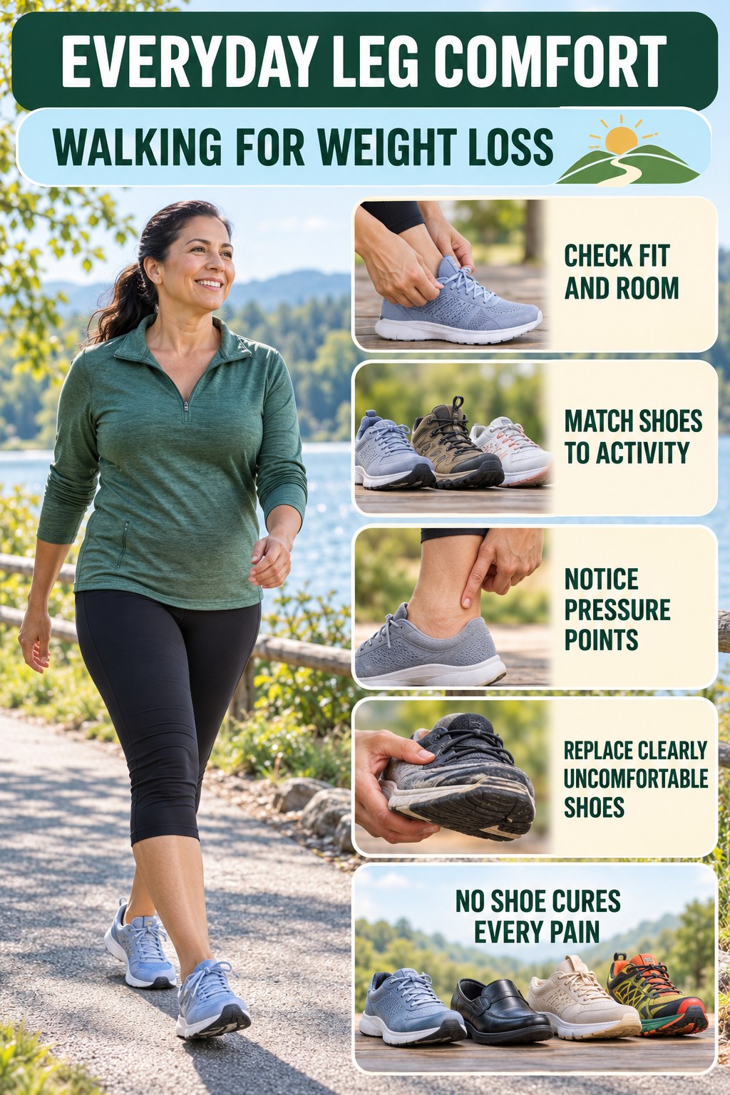 Comfortable Footwear Awareness infographic for Walking for Weight Loss with five gentle movement, position, footwear, recovery, or safety actions.