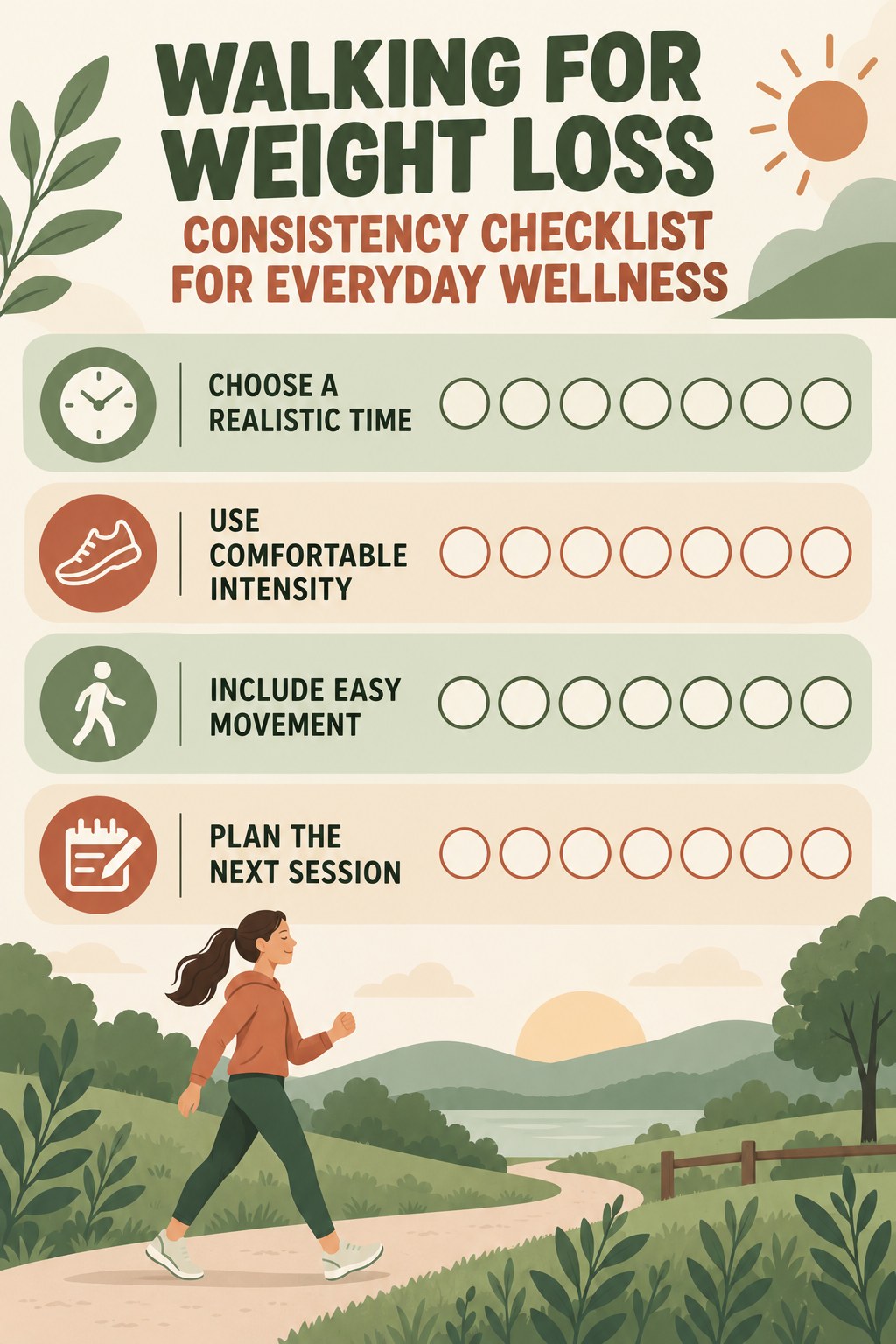 Walking for Weight Loss Consistency Checklist for Everyday Wellness infographic with checkboxes for choose a realistic time, use comfortable intensity, include easy movement, plan the next session.