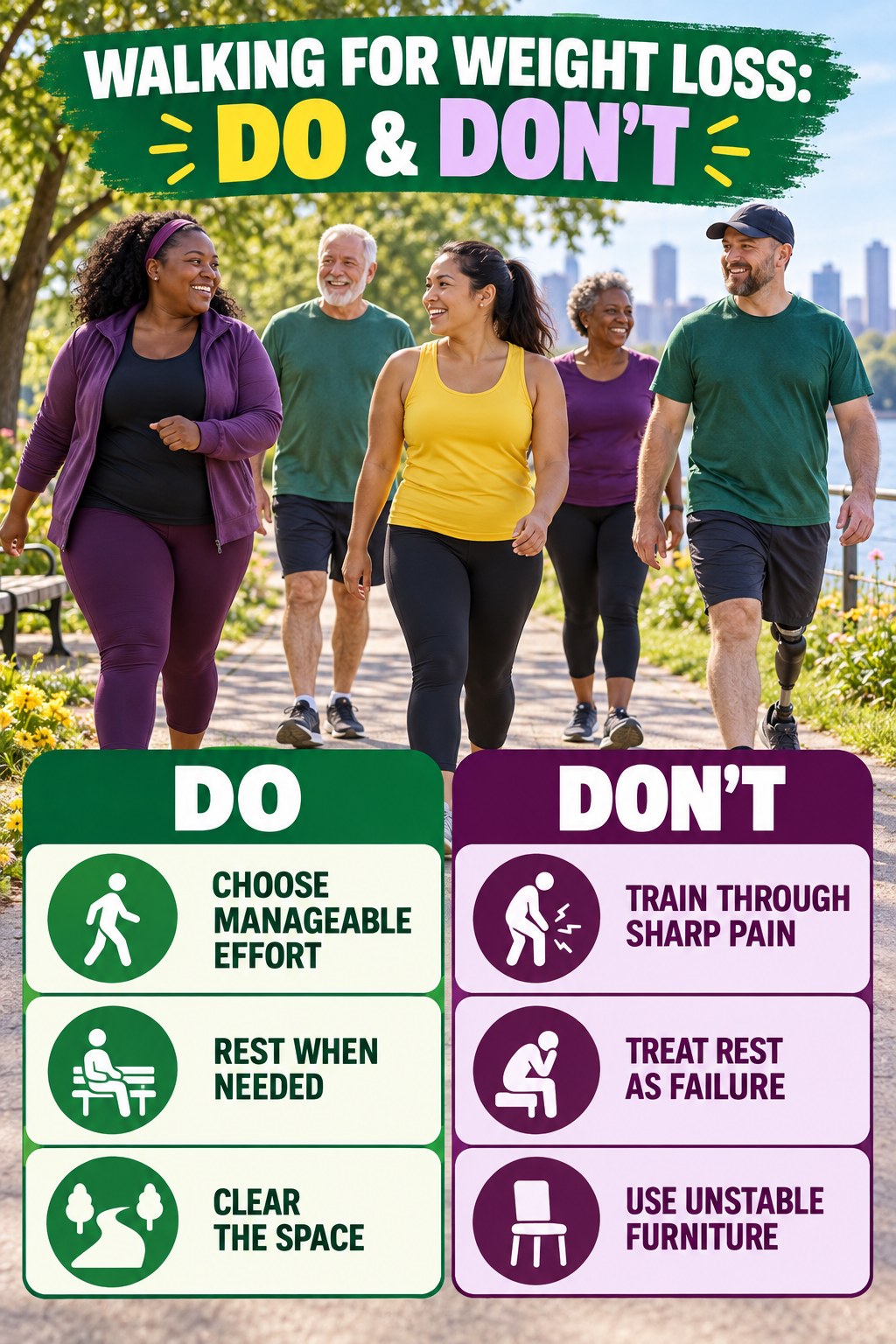 Walking for Weight Loss Do and Don’t comparison graphic showing three practical behavior pairs for controlled technique.
