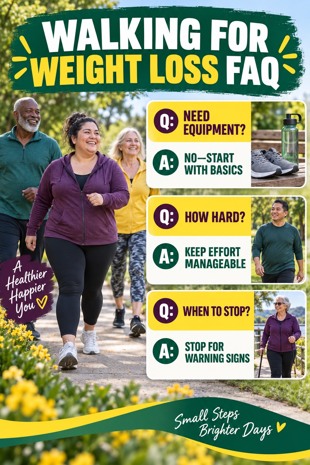 Walking for Weight Loss FAQ graphic with three concise questions and practical answers for beginners.