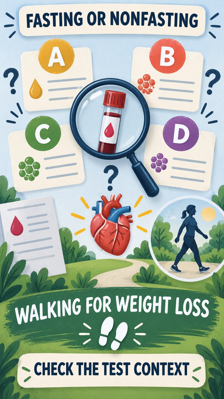Fasting and Nonfasting Questions infographic for Walking for Weight Loss, using a non-numerical educational lipid-panel layout with question and context icons.