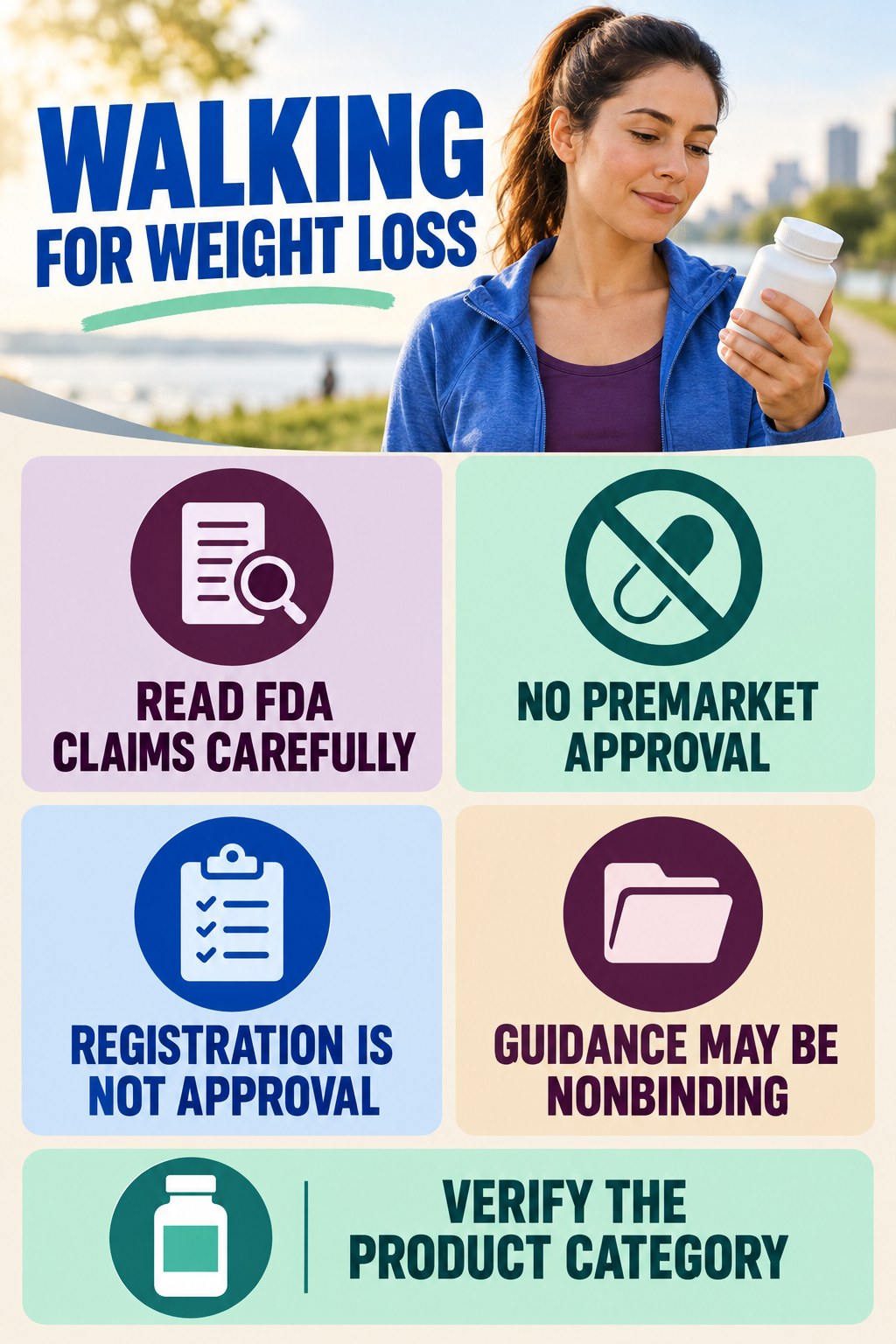 FDA Status on Supplement Labels infographic for Walking for Weight Loss with four concise probiotic-label reading points.