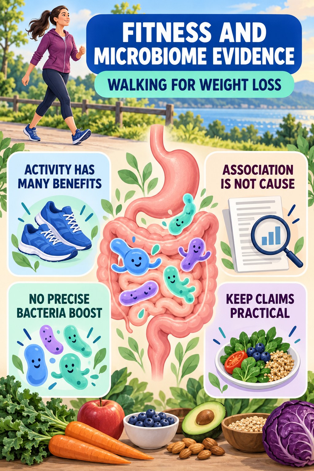 Fitness Headlines and Microbiome Evidence educational infographic for Walking for Weight Loss with four evidence-aware points.