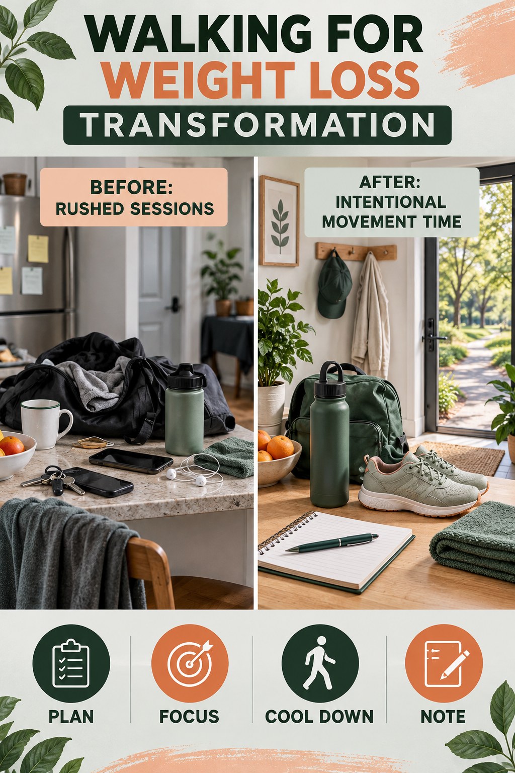 Walking for Weight Loss habit transformation graphic comparing rushed sessions with intentional movement time using four practical steps.