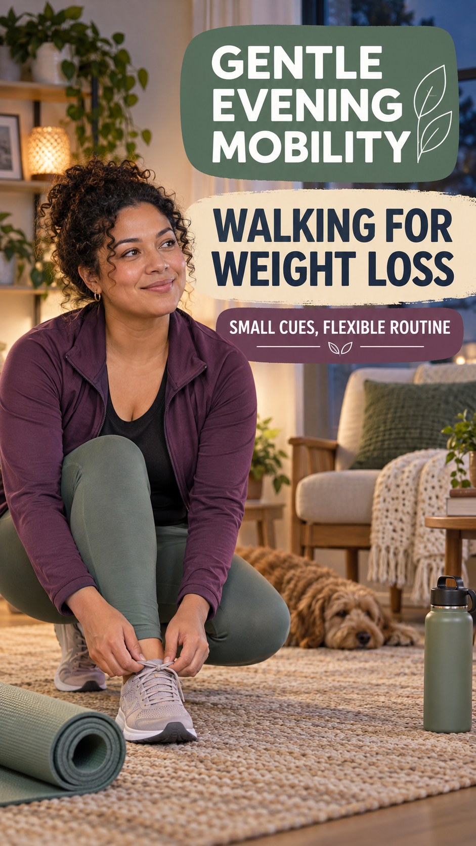 Gentle Evening Mobility infographic for Walking for Weight Loss, showing a flexible and calming evening wellness routine.