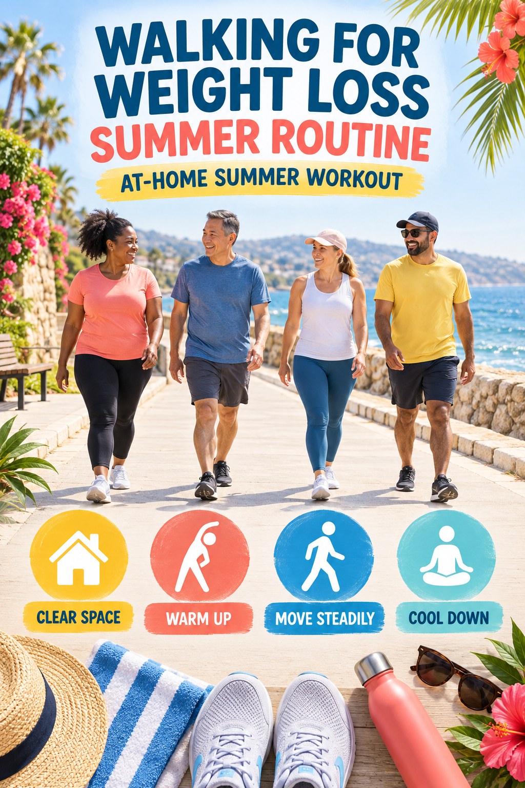 Walking for Weight Loss summer routine graphic titled At-Home Summer Workout with four practical wellness prompts.