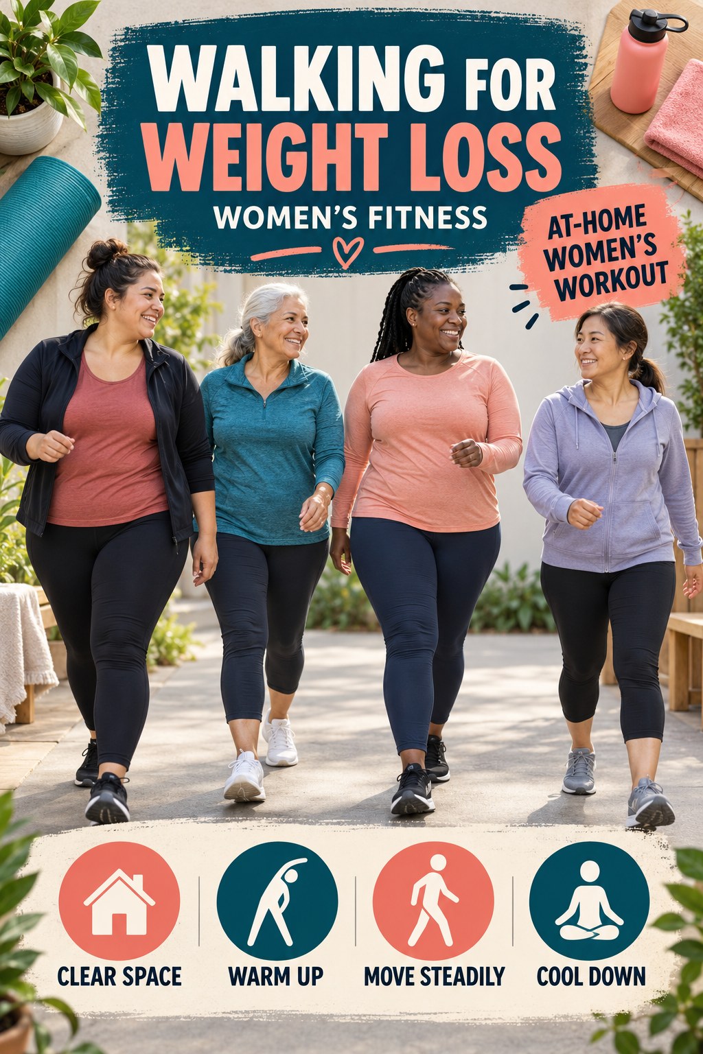 Walking for Weight Loss women’s fitness graphic titled At-Home Women’s Workout with four practical training prompts.