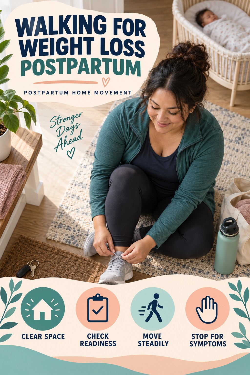 Walking for Weight Loss postpartum graphic titled Postpartum Home Movement with four gradual recovery-aware prompts.