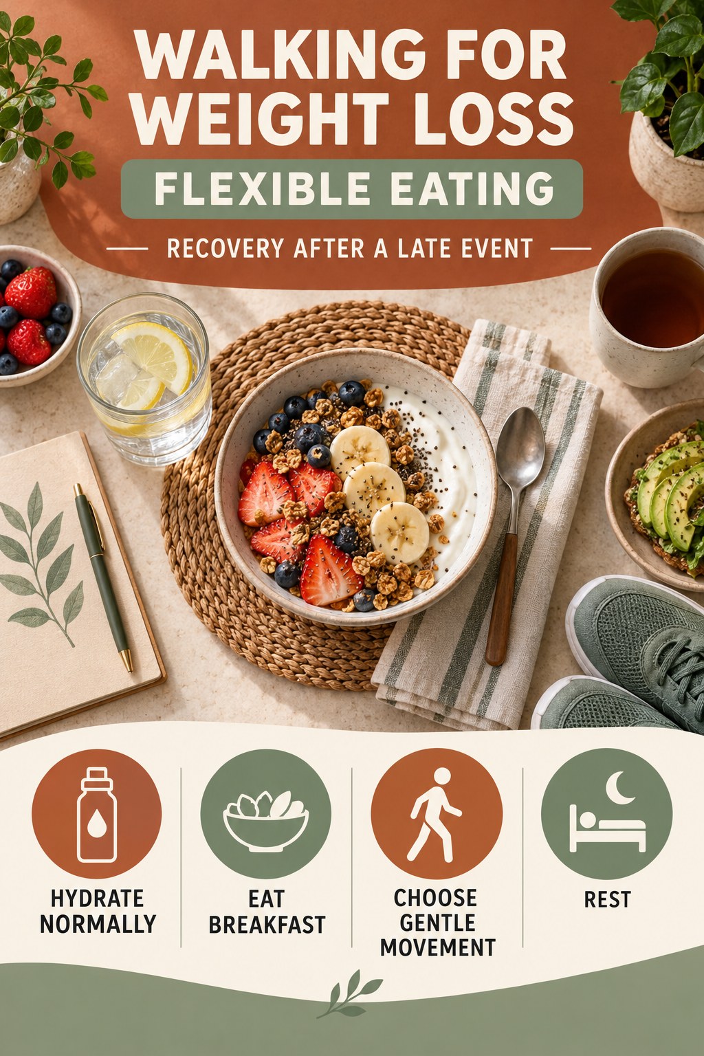 Walking for Weight Loss flexible eating graphic titled Recovery After a Late Event with four practical balance prompts.