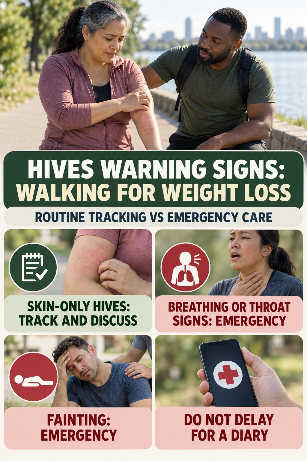 Routine Tracking vs Emergency Care infographic for Walking for Weight Loss, highlighting urgent breathing, throat, swelling, fainting, and rapid-progression warning signs without diagnosing hives.