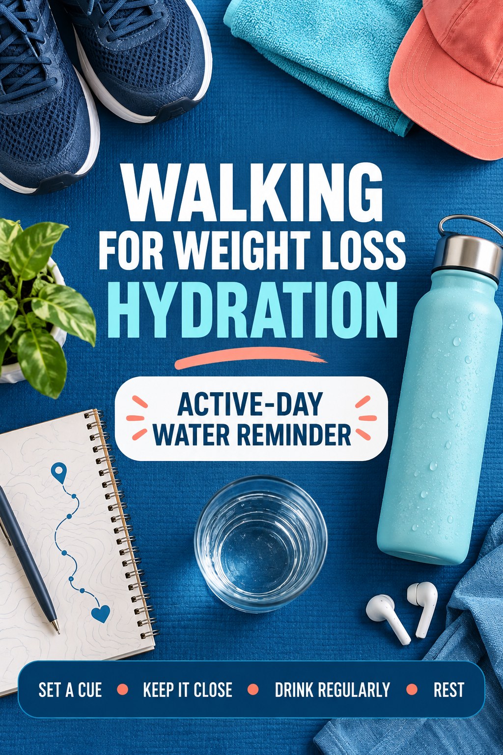 Walking for Weight Loss hydration graphic titled Active-Day Water Reminder with four flexible water-habit prompts and no fixed intake target.