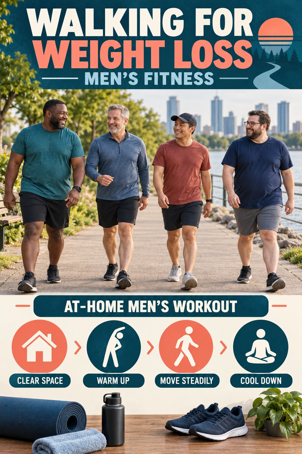 Walking for Weight Loss men’s fitness graphic titled At-Home Men’s Workout with four practical training prompts.