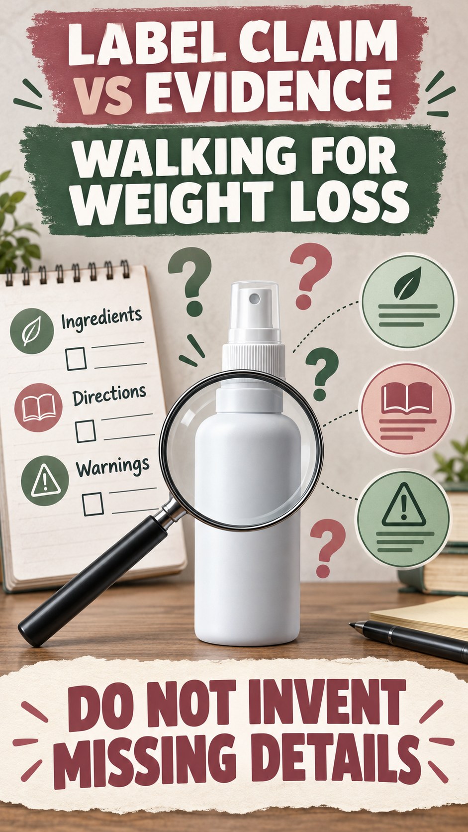 Missing Information Audit infographic for Walking for Weight Loss, showing a generic spray-label checklist that separates available facts, missing details, and evidence questions.