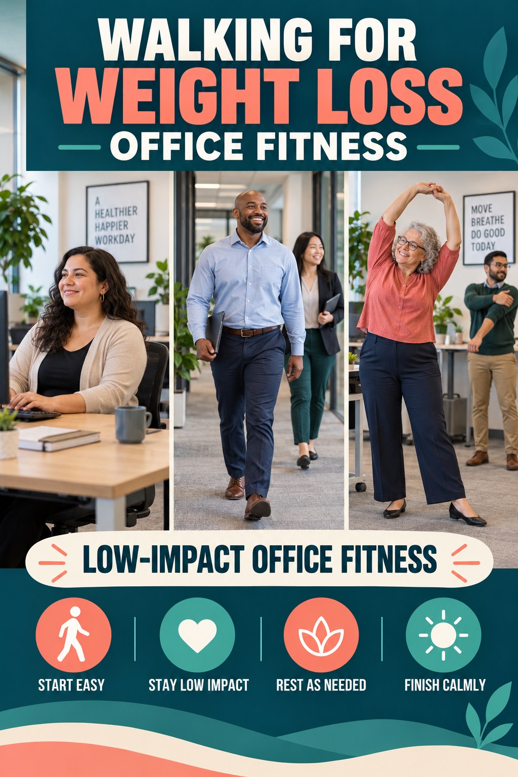 Walking for Weight Loss office-fitness graphic titled Low-Impact Office Fitness with four practical workday movement prompts.