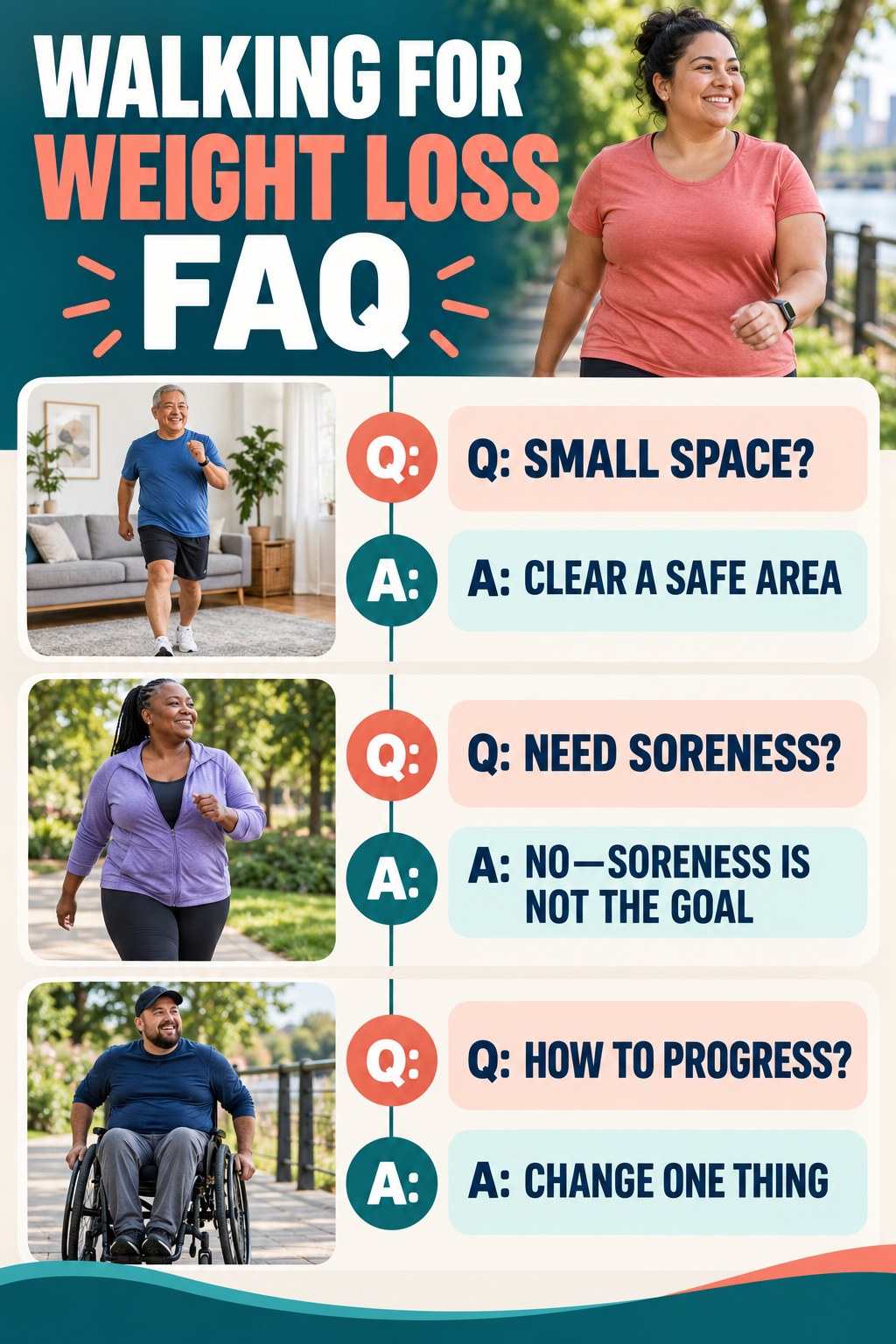 Walking for Weight Loss FAQ graphic with three concise questions and practical answers for beginners.