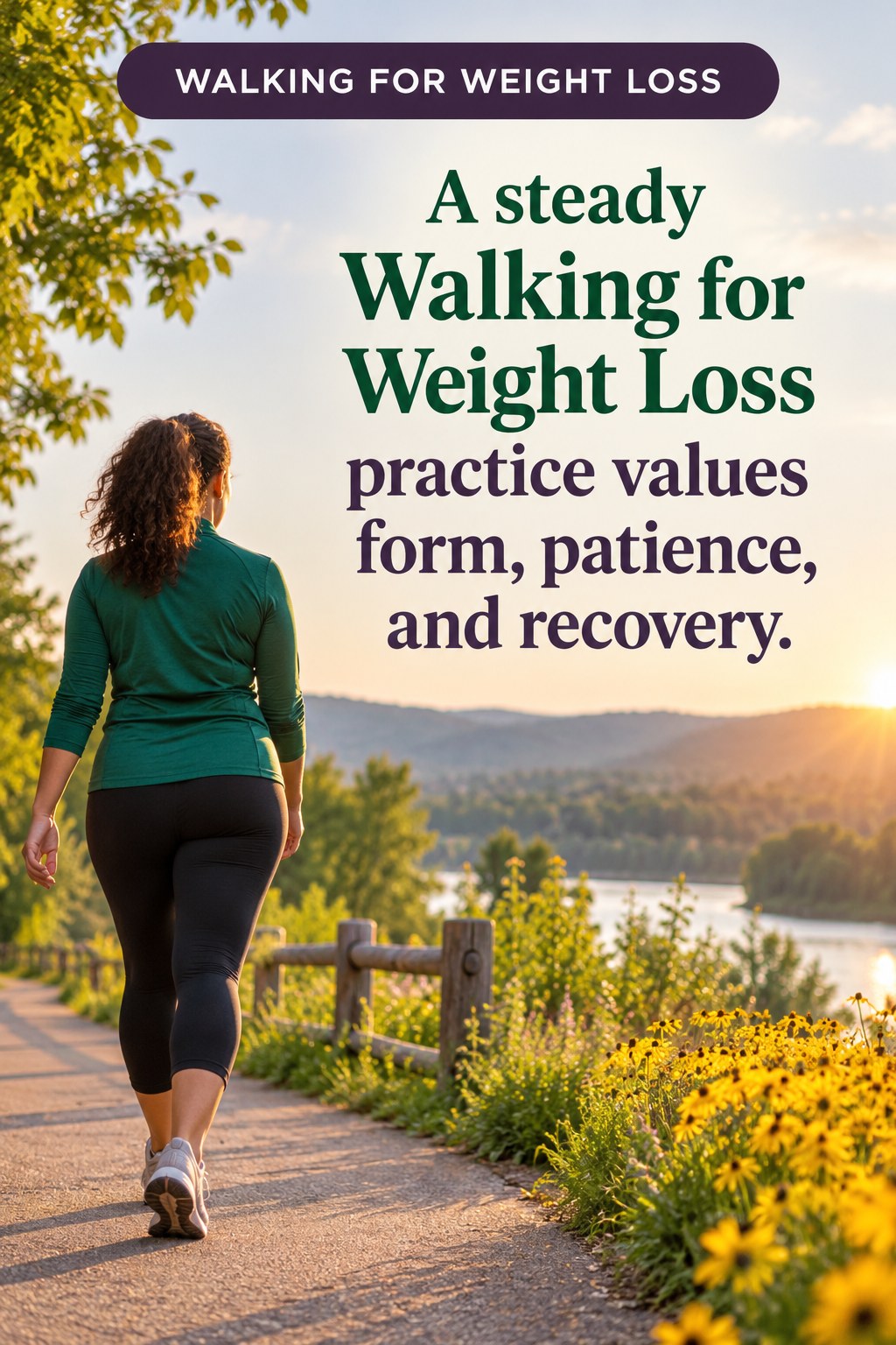 Original Walking for Weight Loss quote graphic reading “A steady Walking for Weight Loss practice values form, patience, and recovery.” in a board-relevant editorial design.