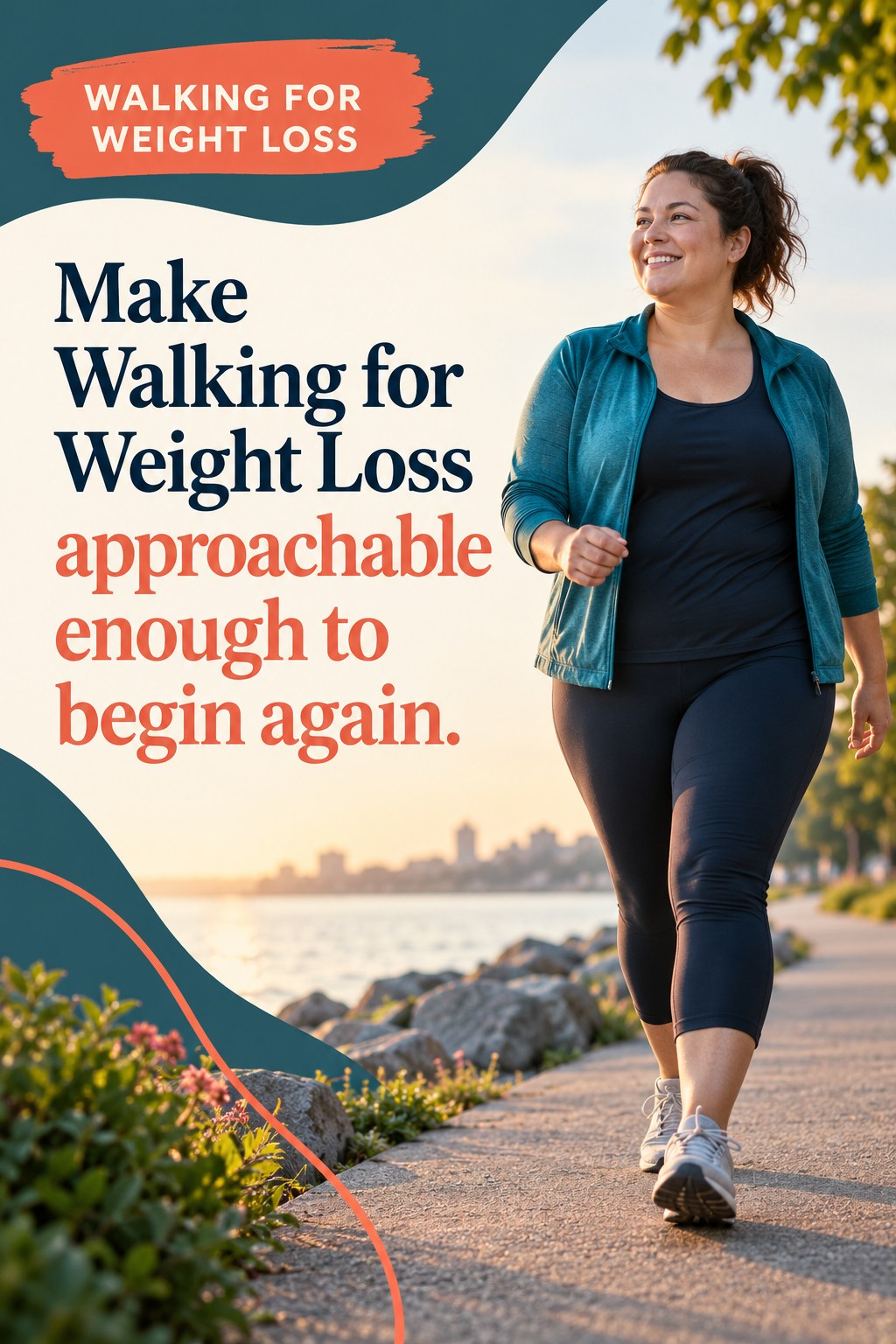 Original Walking for Weight Loss quote graphic reading “Make Walking for Weight Loss approachable enough to begin again.” in a board-relevant editorial design.
