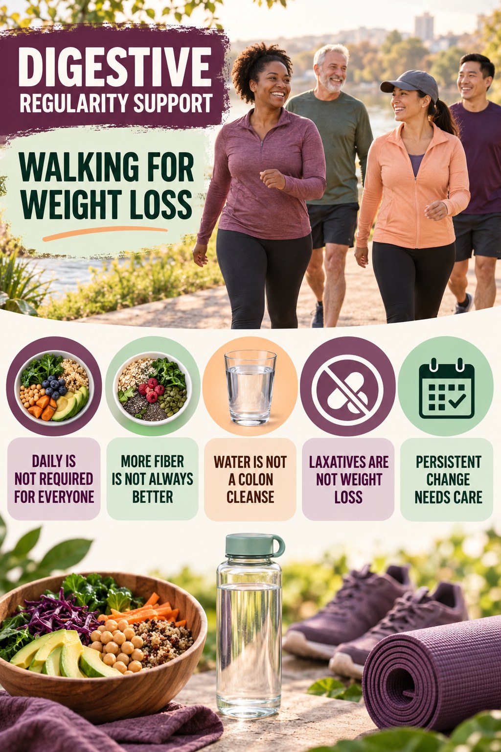 Regularity Myths and Facts infographic for Walking for Weight Loss with five practical food, hydration, movement, or routine actions and no cleanse claims.