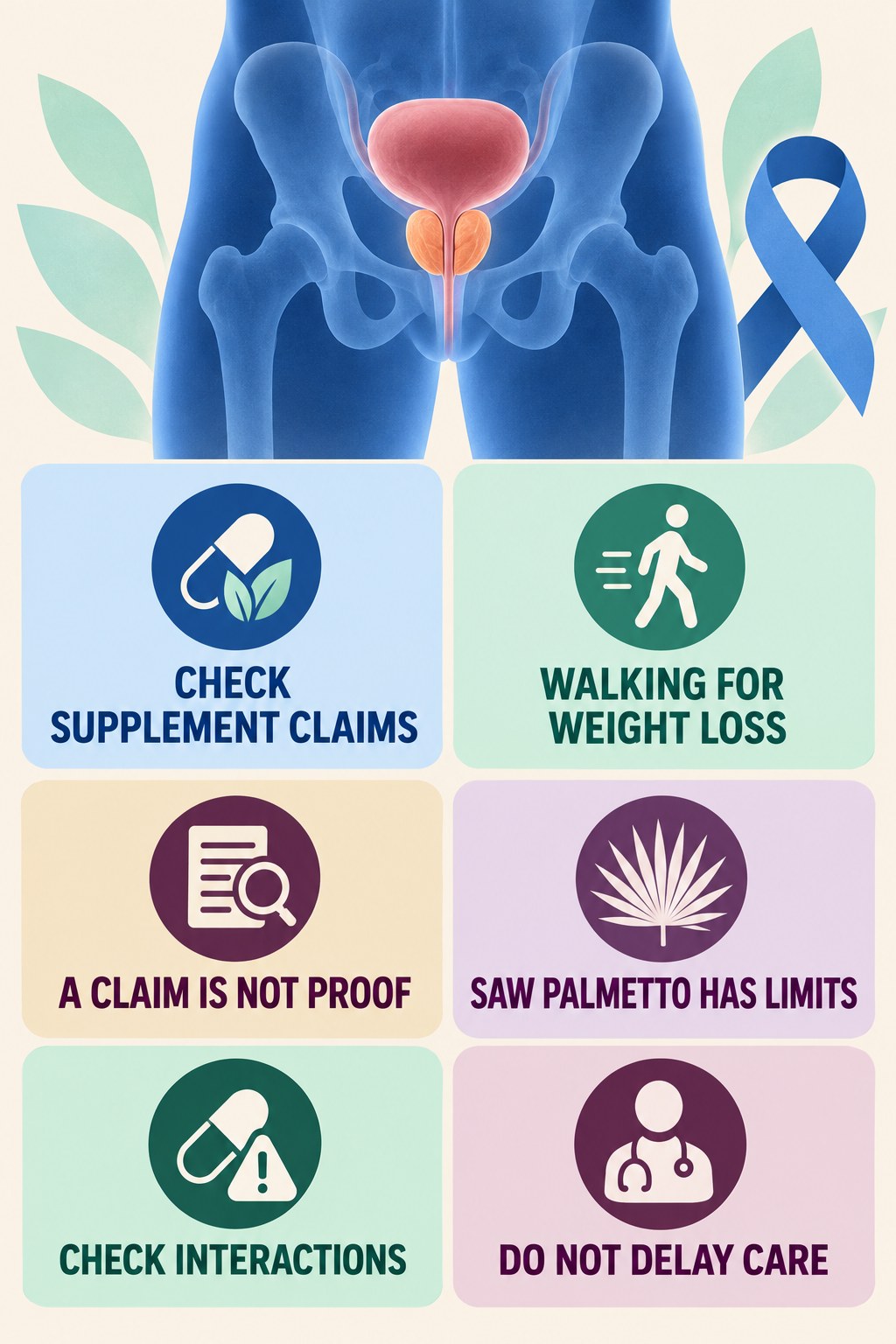 Saw Palmetto Claims Need Evidence infographic for Walking for Weight Loss with four concise prostate-health awareness points.