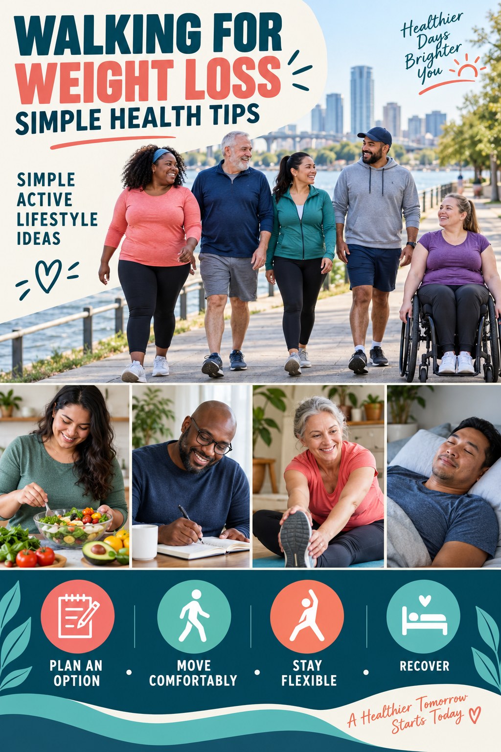 Walking for Weight Loss simple-health graphic titled Simple Active Lifestyle Ideas with four practical wellness prompts.