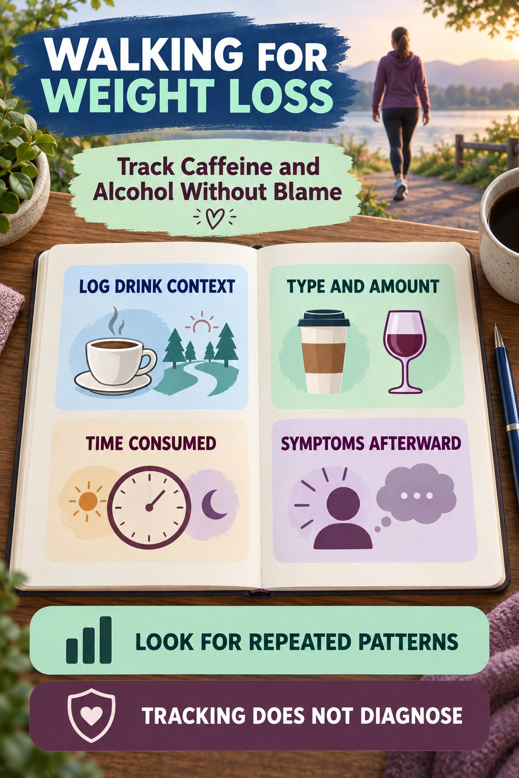 Track Caffeine and Alcohol Without Blame urinary symptom tracking infographic for Walking for Weight Loss with four practical diary points and a non-diagnostic reminder.