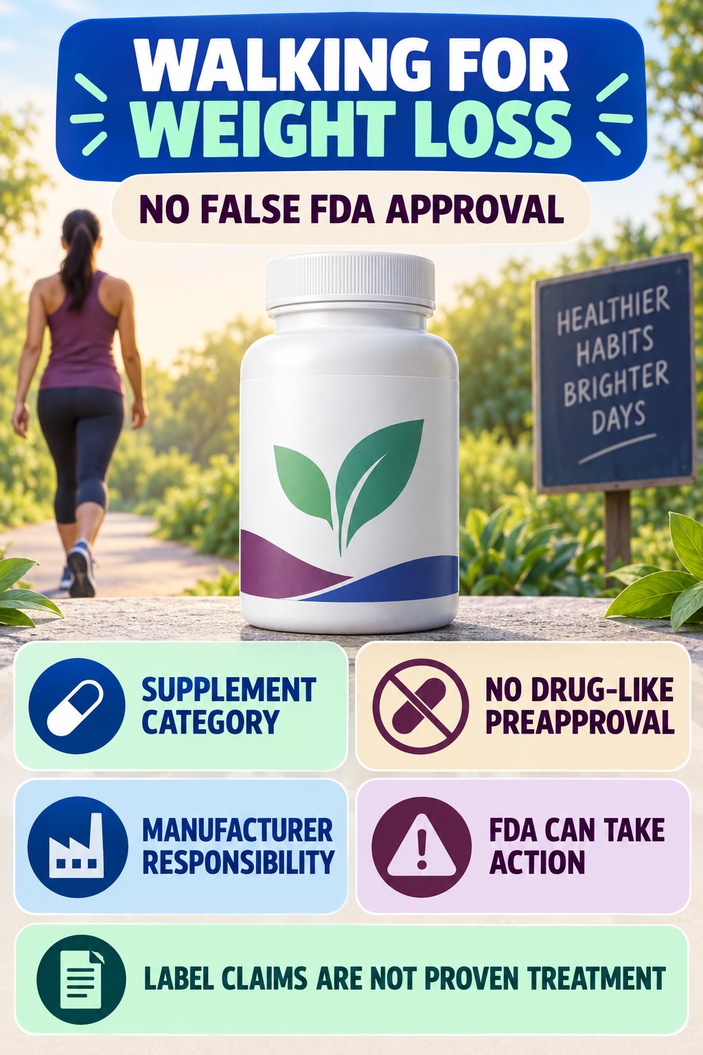 Understand FDA Status Without False Approval Claims prostate supplement label-literacy infographic for Walking for Weight Loss with four careful reading points.