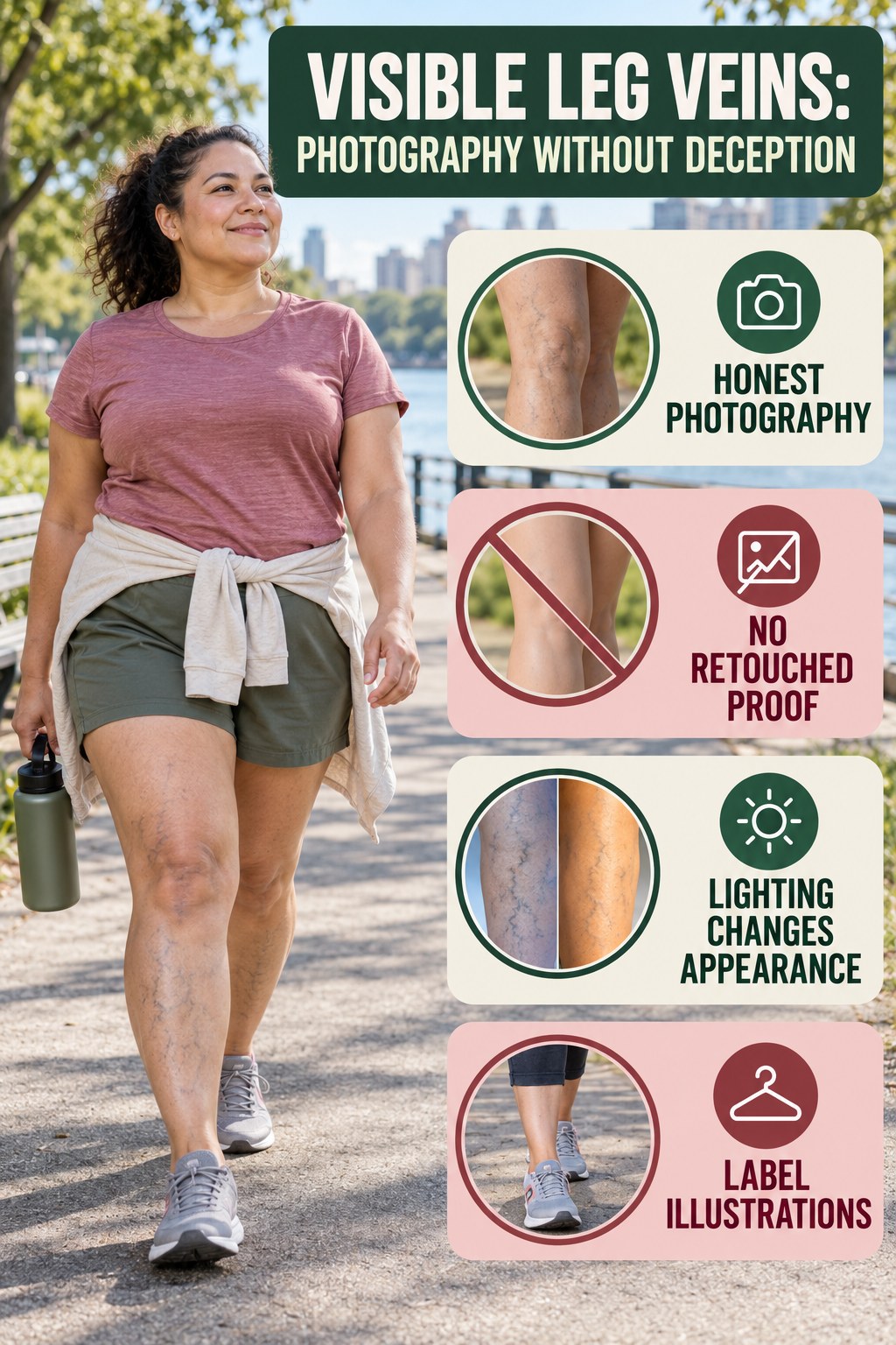 Photography Without Deception infographic for Walking for Weight Loss, showing body-neutral visible-leg-vein appearance care and the boundary between temporary cosmetic support and treatment.