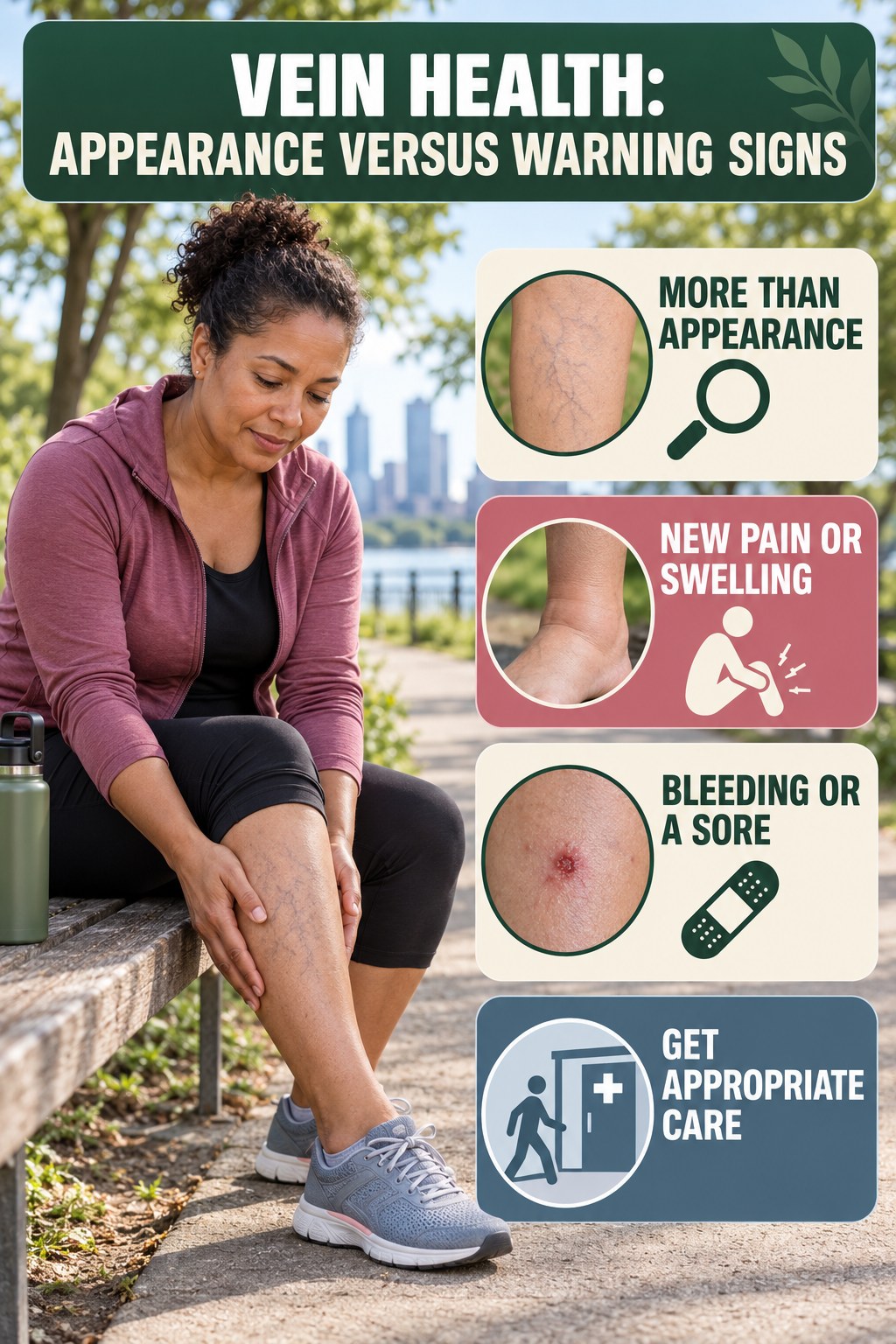 Appearance Versus Warning Signs infographic for Walking for Weight Loss, explaining vein-health warning signs and the appropriate next action without diagnosing a condition.