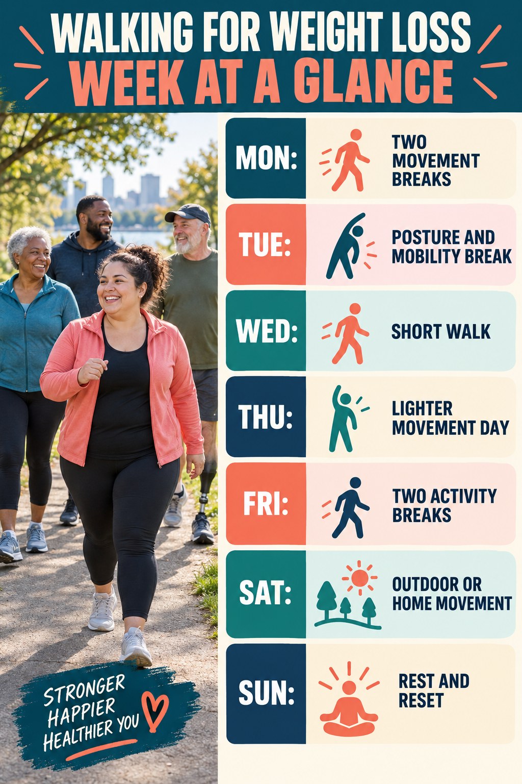 Weekly Walking for Weight Loss plan graphic with concise Monday-to-Sunday actions and flexible recovery guidance.