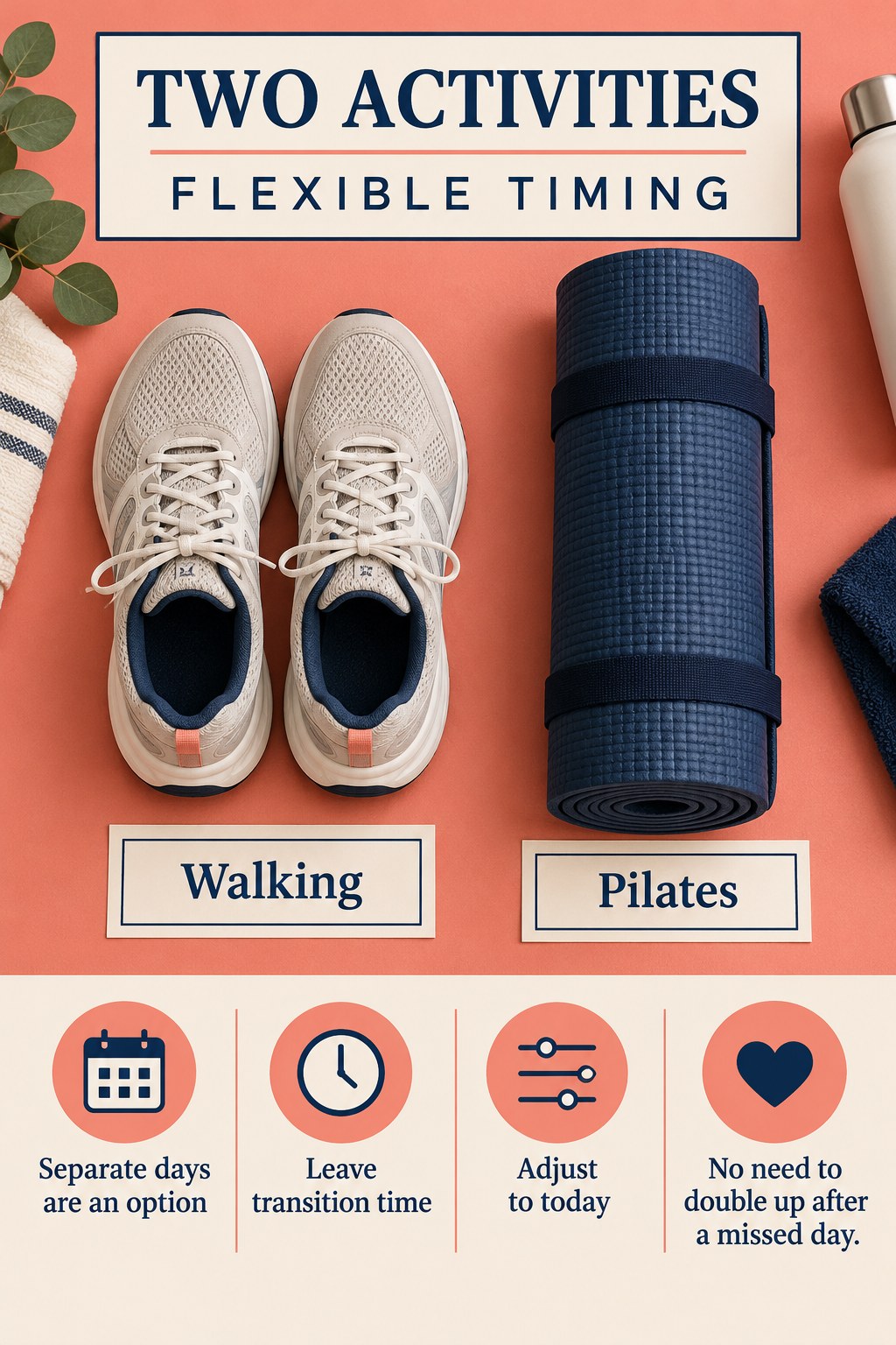 Walking shoes and a rolled Pilates mat beside labeled cards and a flexible timing checklist.