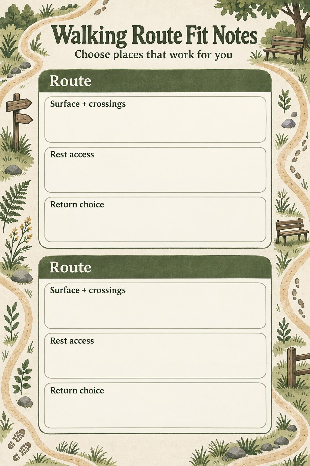 Blank walking route comparison with two route cards for surface and crossings, rest access, and return choice.