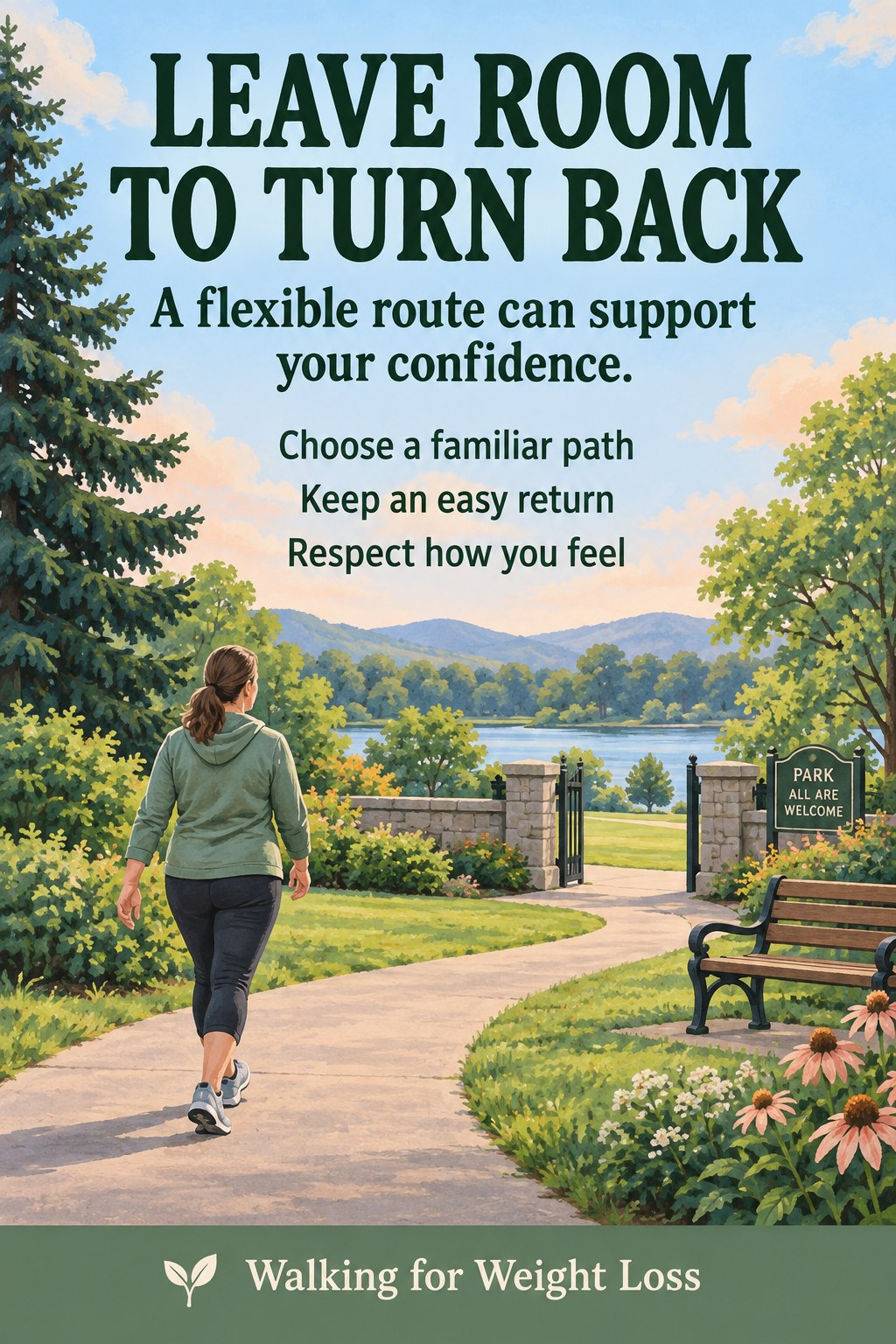 Illustrated park path with a nearby entrance and bench beneath a message about leaving room to turn back