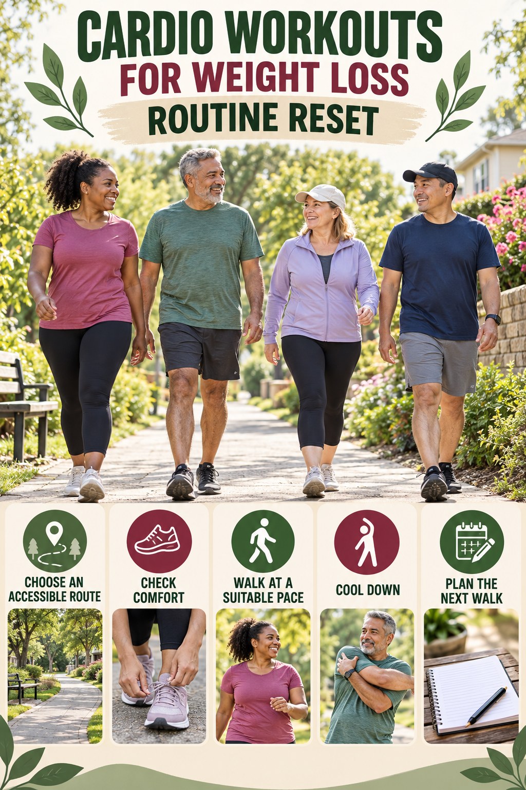 Walking Routine Reset for Cardio Workouts for Weight Loss with five readable routine-reset cues and a realistic board-relevant wellness scene.