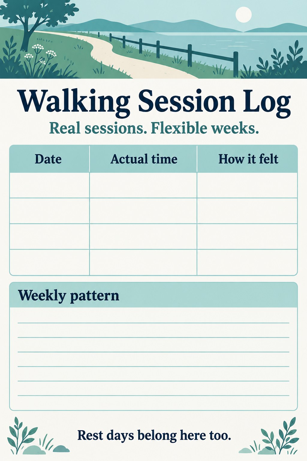 Blank walking session log with date, actual time, how it felt, and a weekly pattern reflection box.