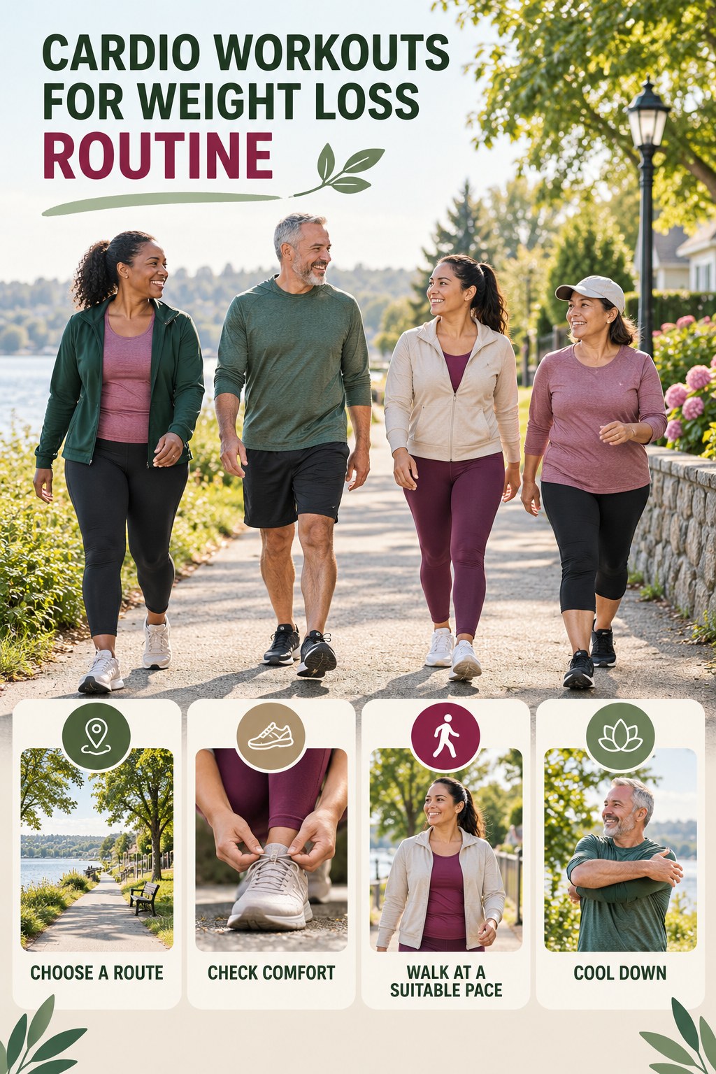 Walking Wellness Routine for Cardio Workouts for Weight Loss with four readable routine cues and a realistic board-relevant wellness scene.