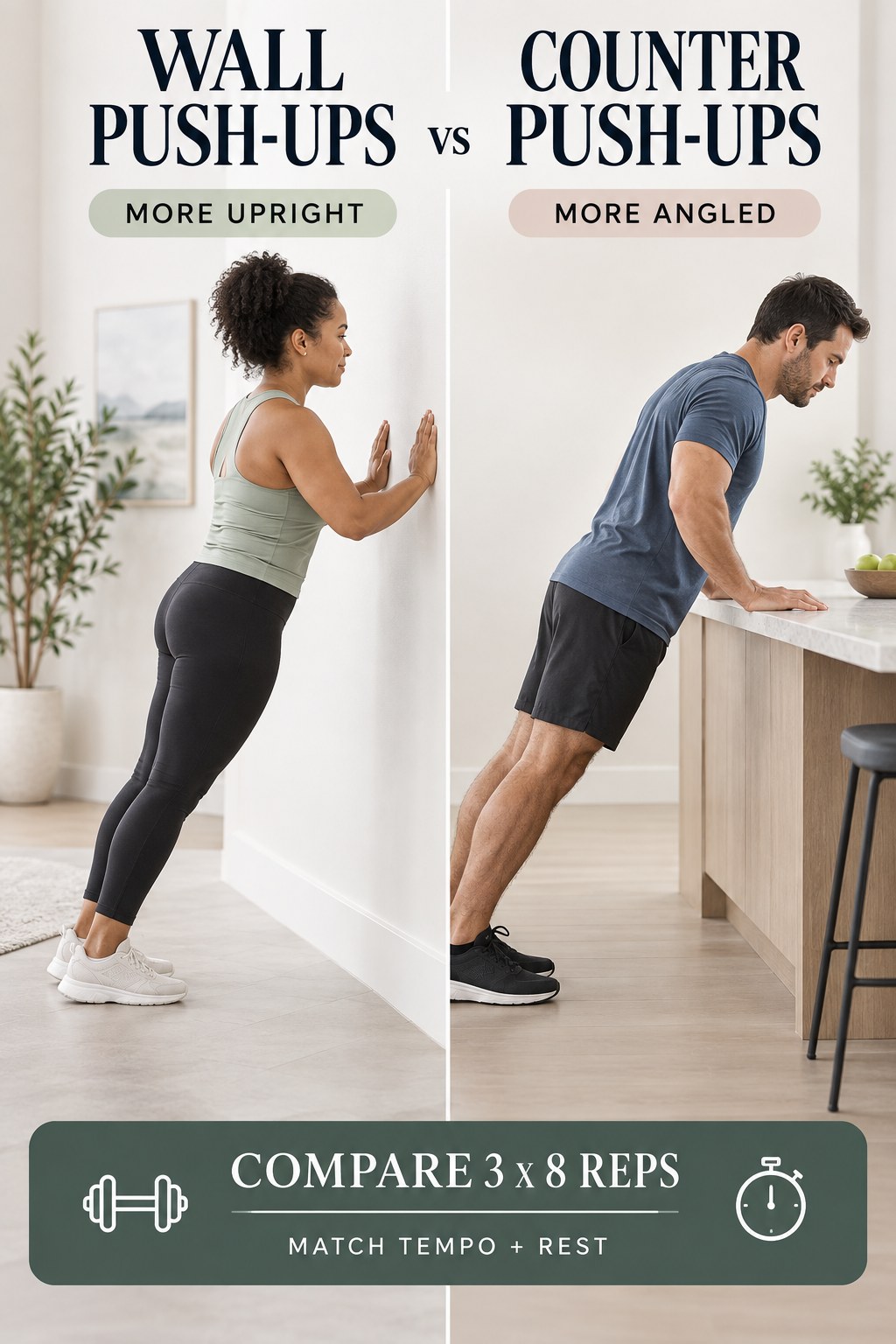 Adults demonstrating wall push-ups and counter push-ups with stable surfaces and controlled form.
