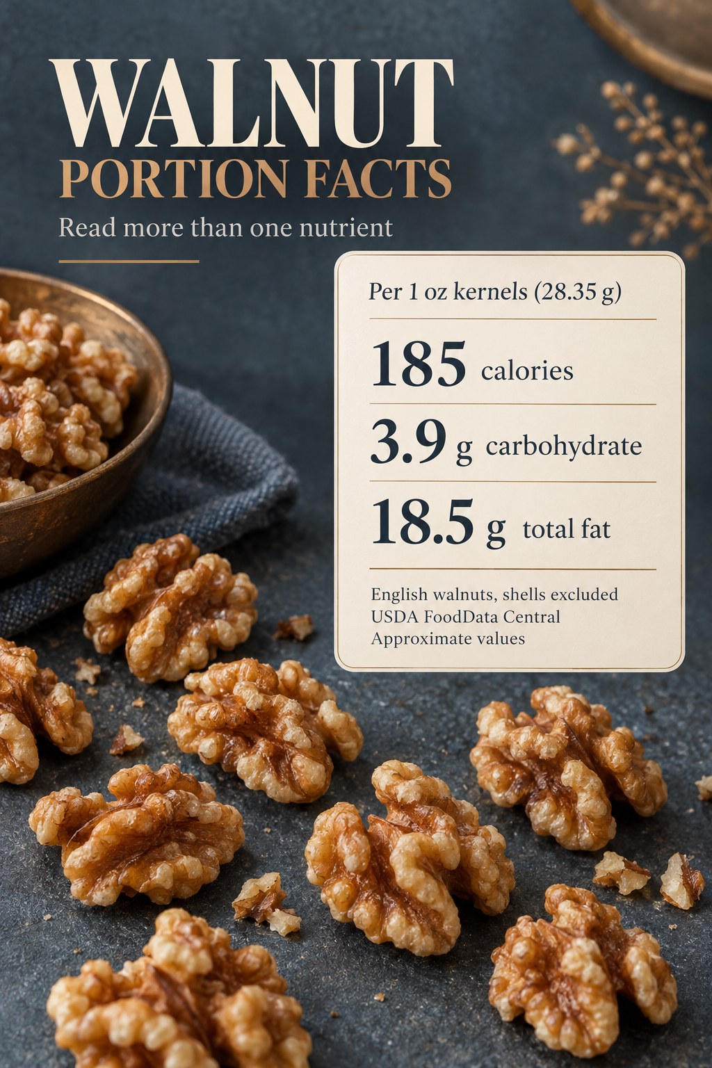 English walnut card showing 185 calories, 3.9 grams carbohydrate and 18.5 grams total fat per ounce of kernels weighing 28.35 grams.