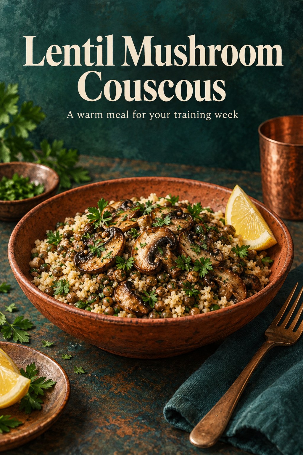 Warm couscous with lentils, browned mushrooms, parsley, and lemon in a shallow bowl.