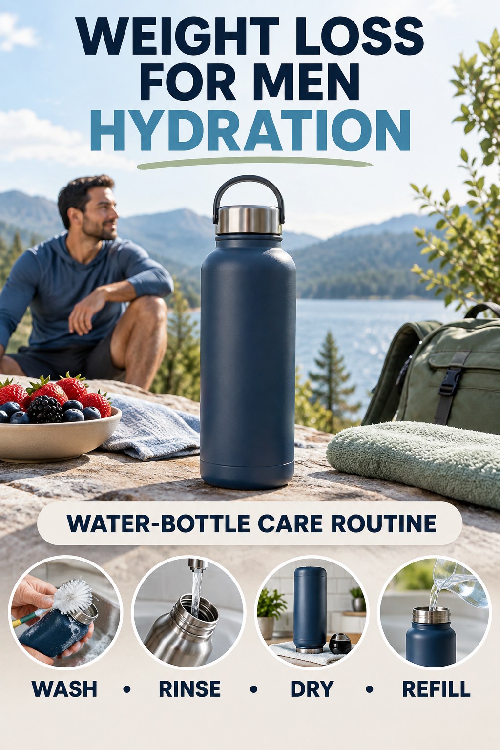 Weight Loss for Men hydration graphic titled Water-Bottle Care Routine with four flexible water-habit prompts and no fixed intake target.
