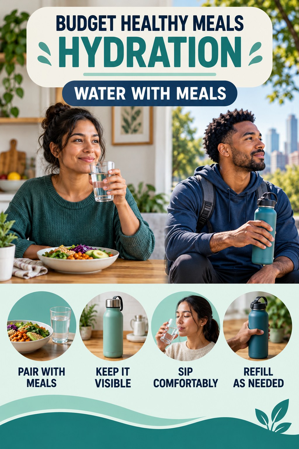 Budget Healthy Meals hydration graphic titled Water With Meals with four flexible water-habit prompts and no fixed intake target.