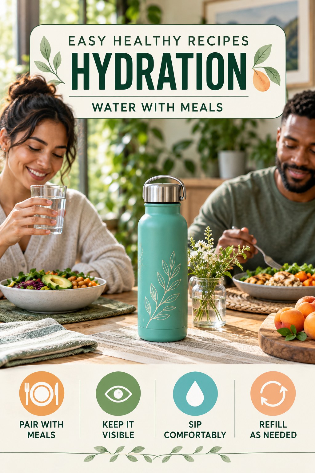 Easy Healthy Recipes hydration graphic titled Water With Meals with four flexible water-habit prompts and no fixed intake target.
