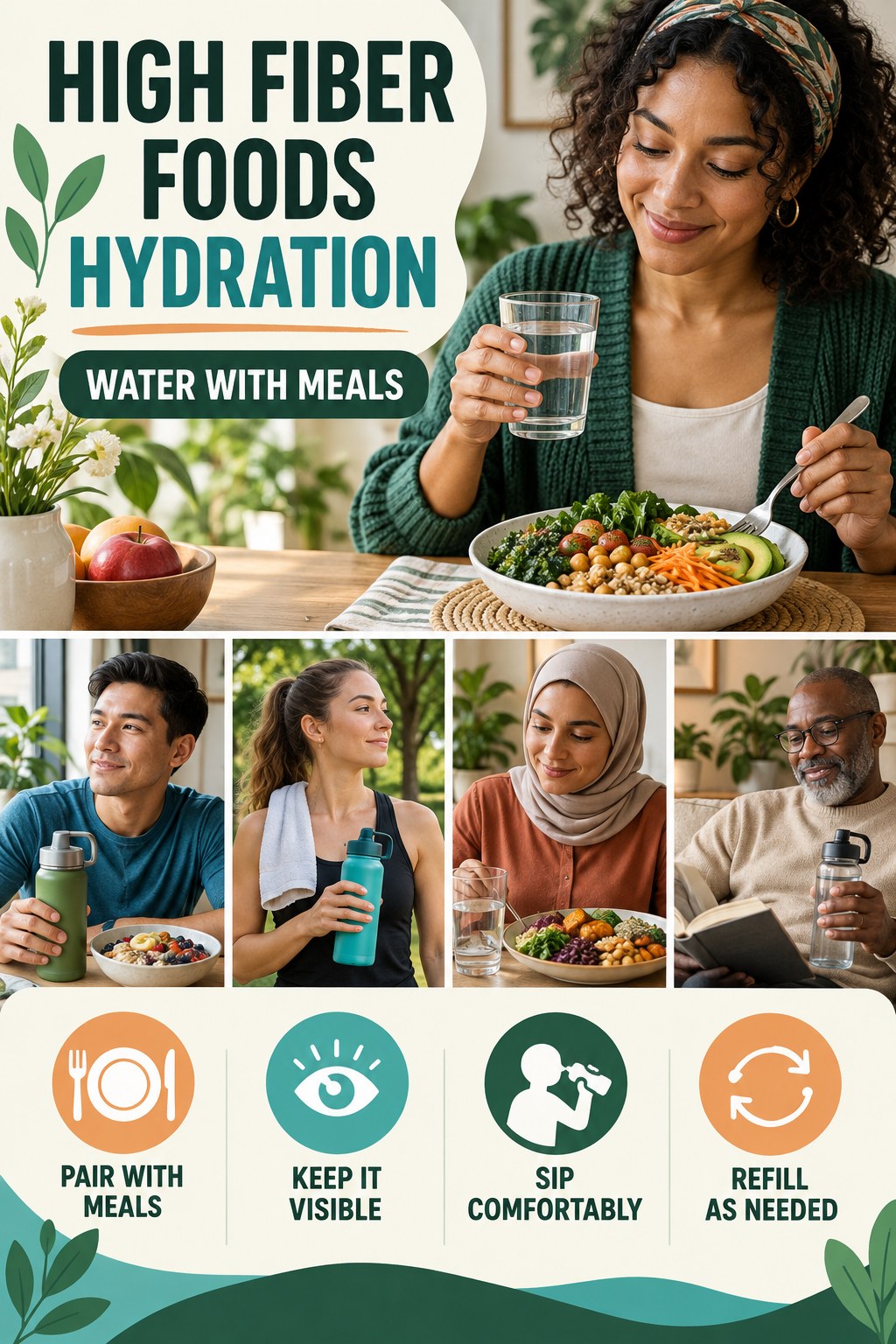 High Fiber Foods hydration graphic titled Water With Meals with four flexible water-habit prompts and no fixed intake target.