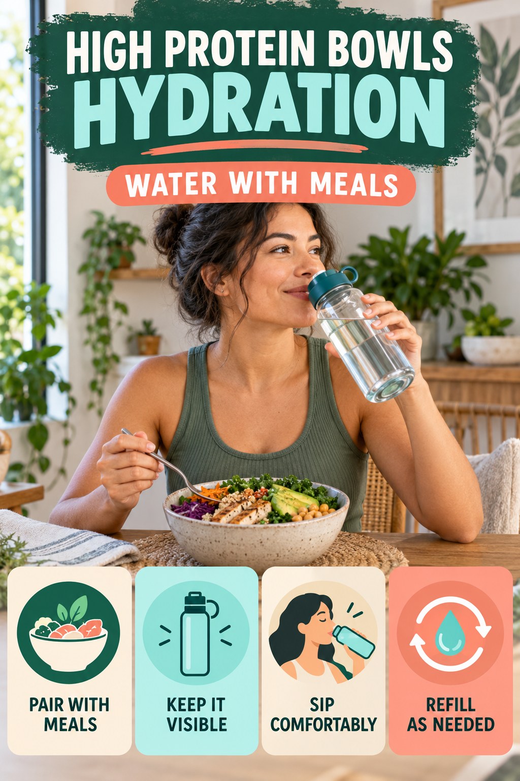High Protein Bowls hydration graphic titled Water With Meals with four flexible water-habit prompts and no fixed intake target.