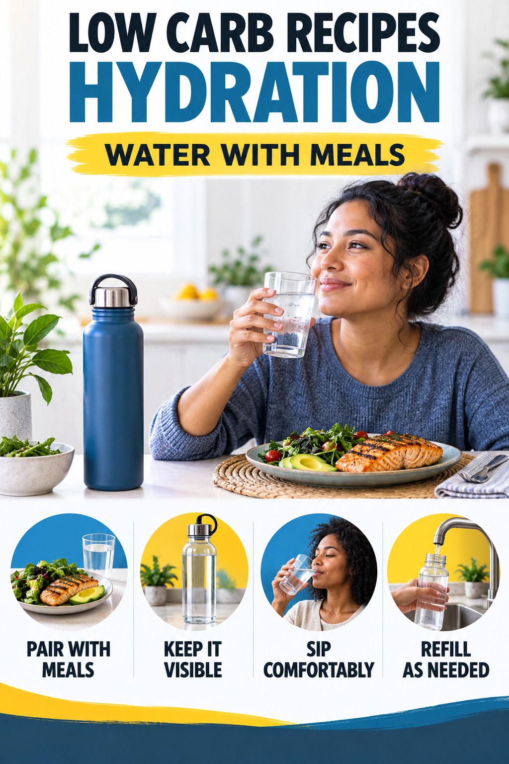 Low Carb Recipes hydration graphic titled Water With Meals with four flexible water-habit prompts and no fixed intake target.