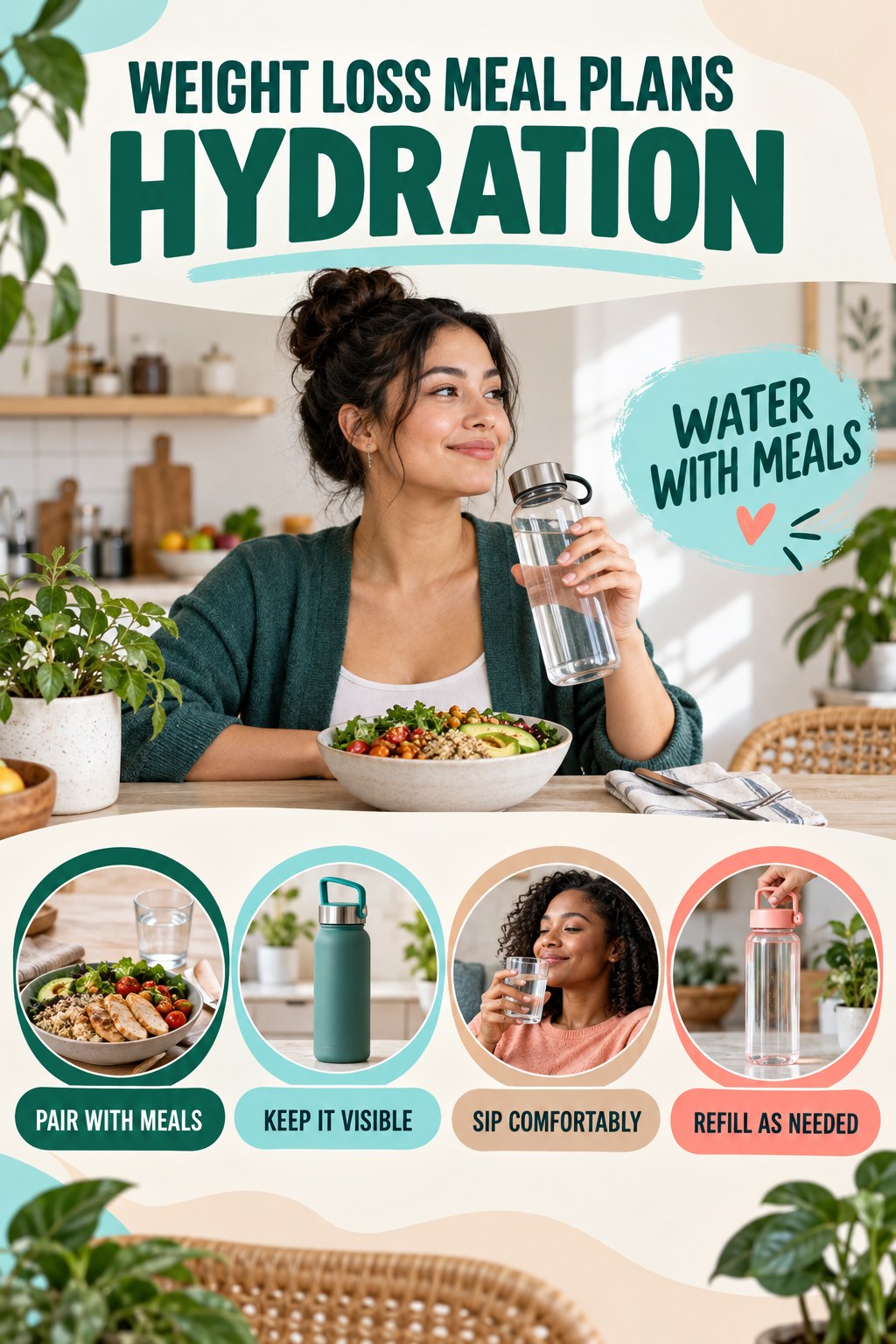 Weight Loss Meal Plans hydration graphic titled Water With Meals with four flexible water-habit prompts and no fixed intake target.