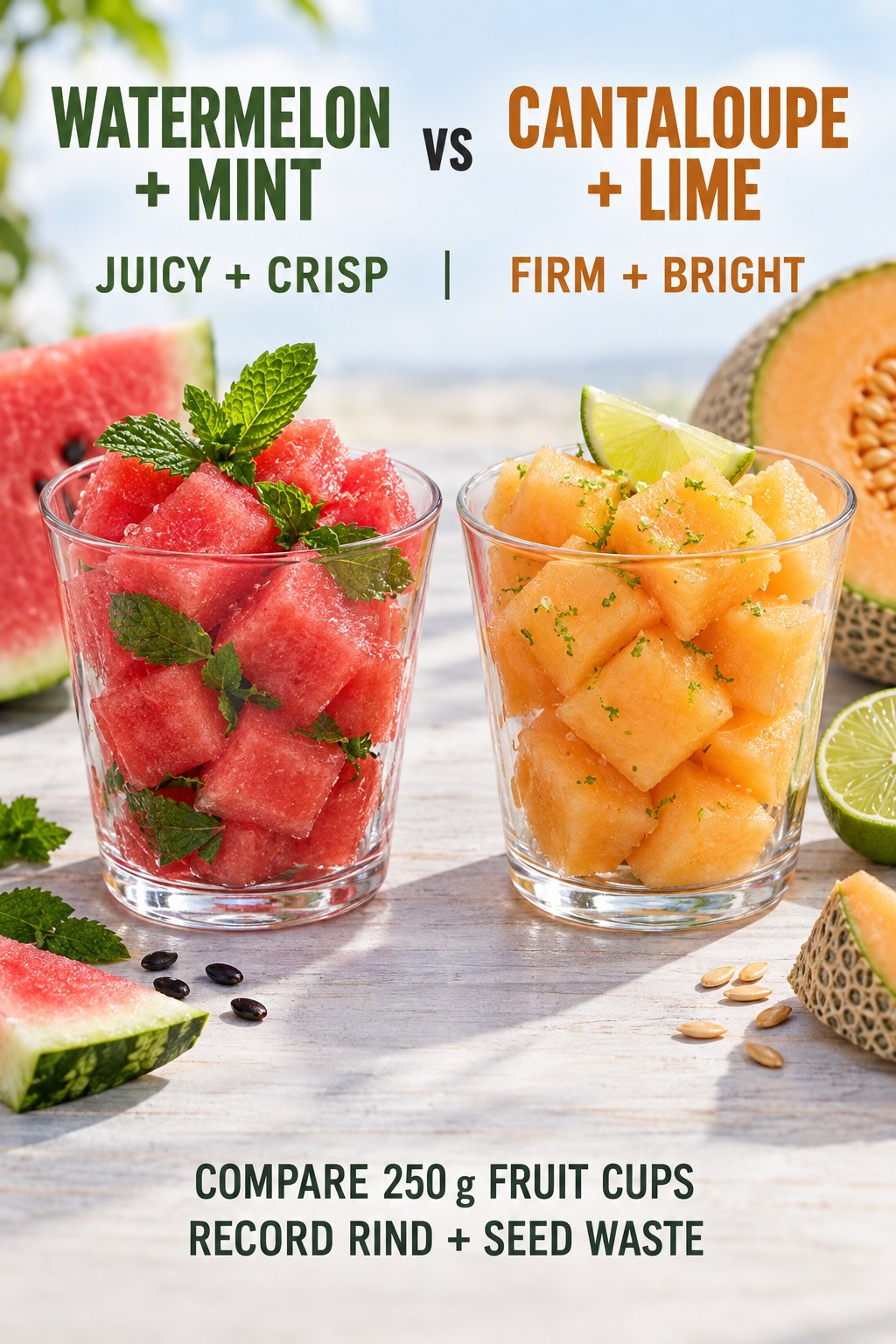 Watermelon cubes with mint and cantaloupe cubes with lime in equal chilled fruit snack cups.