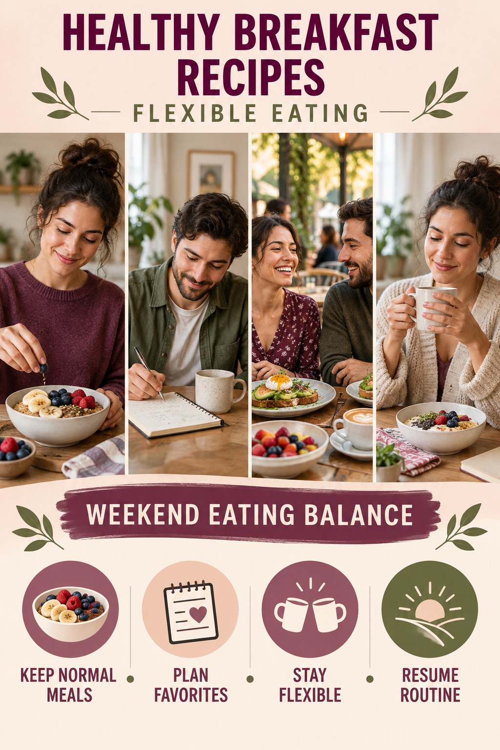 Healthy Breakfast Recipes flexible eating graphic titled Weekend Eating Balance with four practical balance prompts.